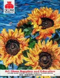 Delphi Glass Catalog: A wide variety of stained glass sheets and tools available in a glass art catalog.